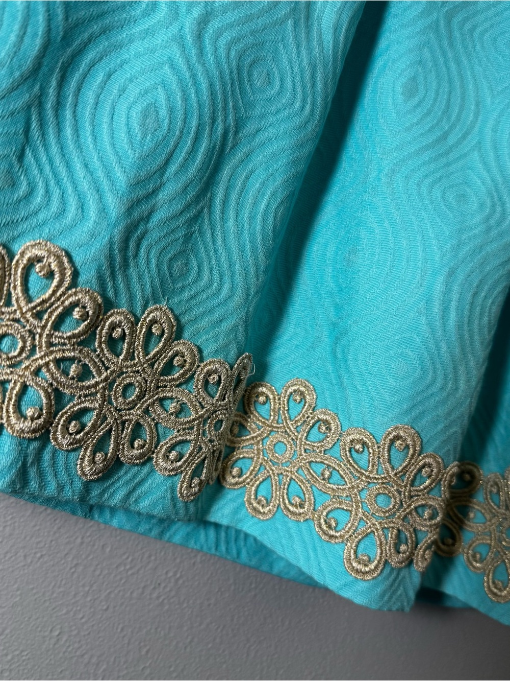 Lilly Pulitzer Betsey Strapless Wave Jacquard Dress Aqua Blue Gold Lace Trim 6 - Picture 5 of 14